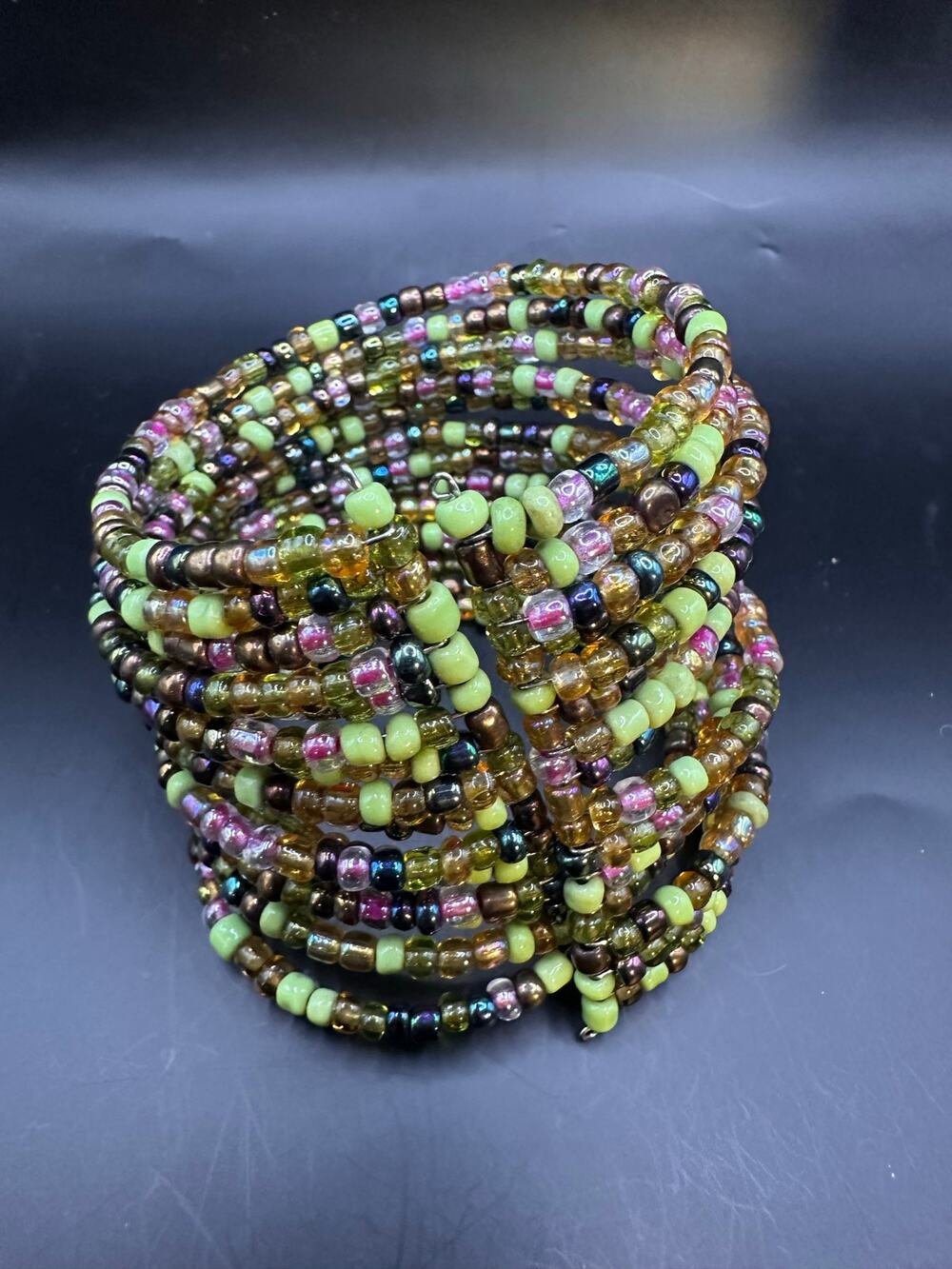 Purple Green Wide Cuff Bracelet Seed Bead Boho Wire Chunky Costume Jewelry
